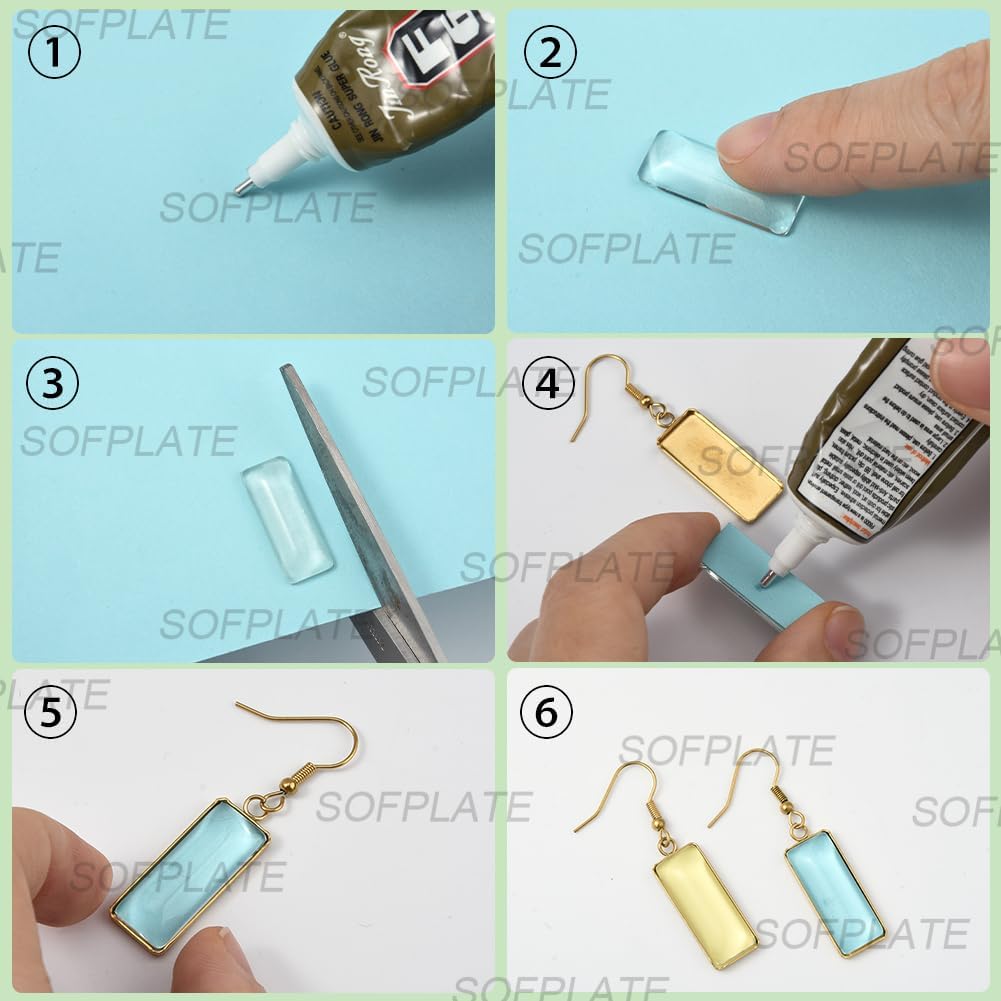 1 Box 60Pcs Earring Blank Tray Bezel Set Earring Blanks 10x25mm Rectangle Pendant Trays with Glass Cabochons Settings Silicone Ear Backs for Jewelry Making Supplies DIY Dangle Charms Women - Image 3
