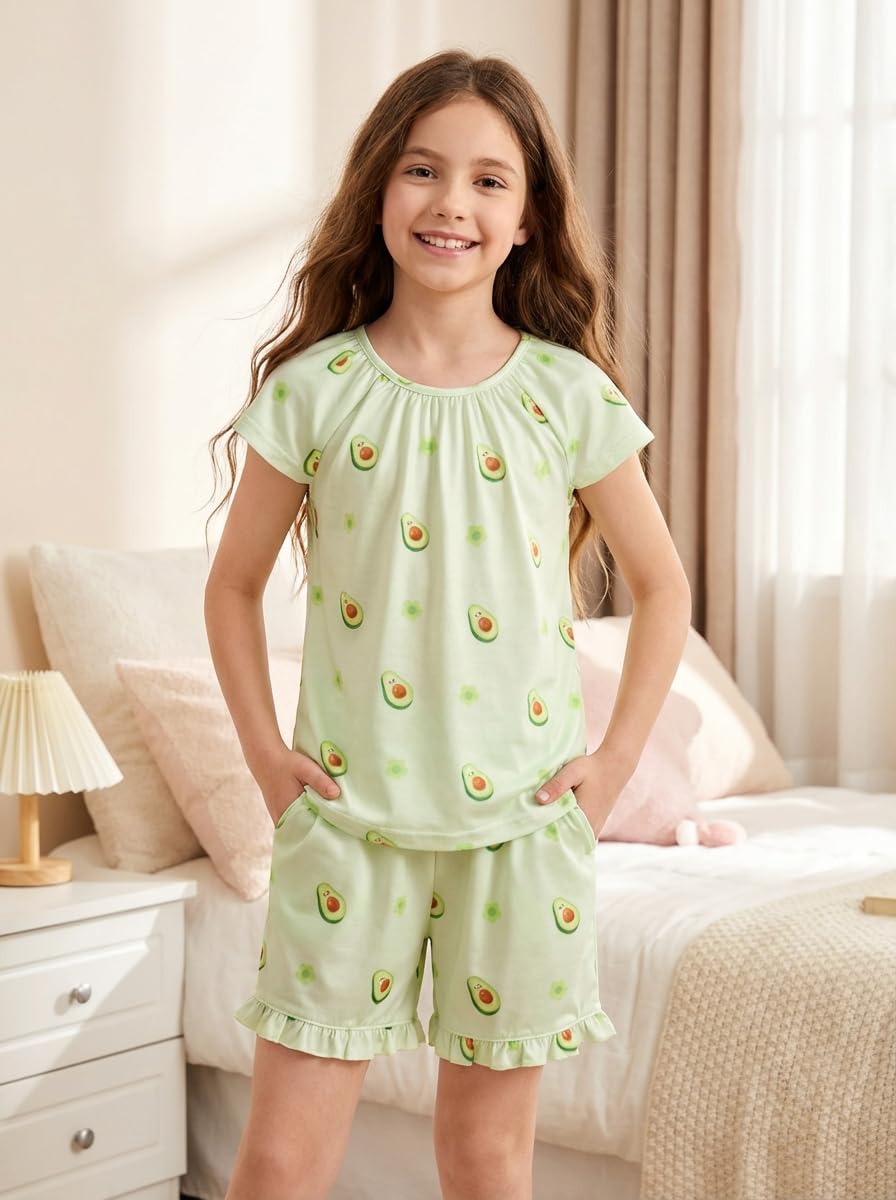 JiAmy Pigiama estivo da bambina, 3 pezzi, top a maniche corte e pantaloncini con volant con elastico carino stampato per bambini, set da notte per bambini dai 4 ai 14 anni