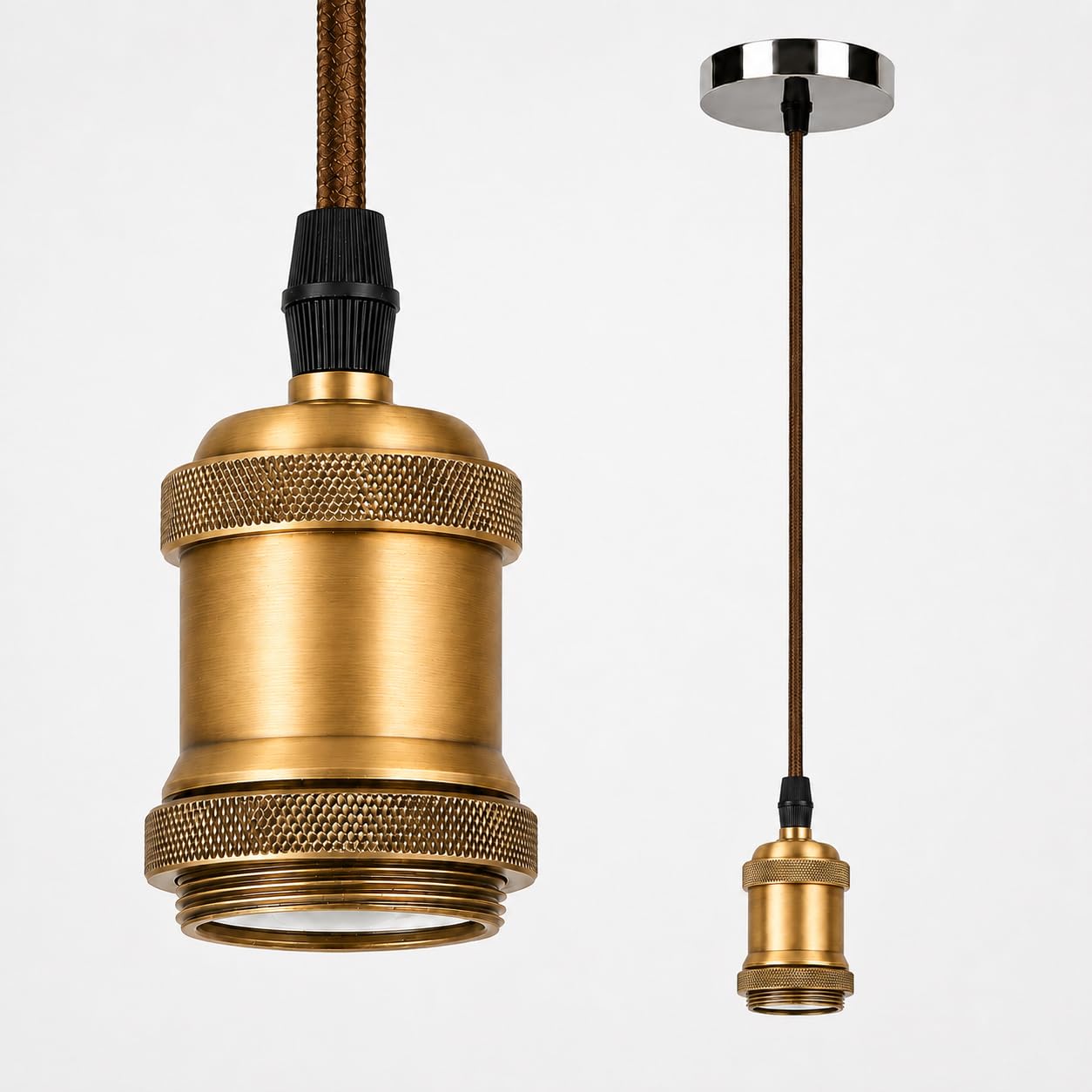 HUIBONA Vintage Retro Ceiling Pendant Light Fitting,1M Braided Flex,E27 Lamp Holder Suspended Pendant Light Fitting Kit with Ground Wire and 100cm Braided Cable Antique Bronze Gold