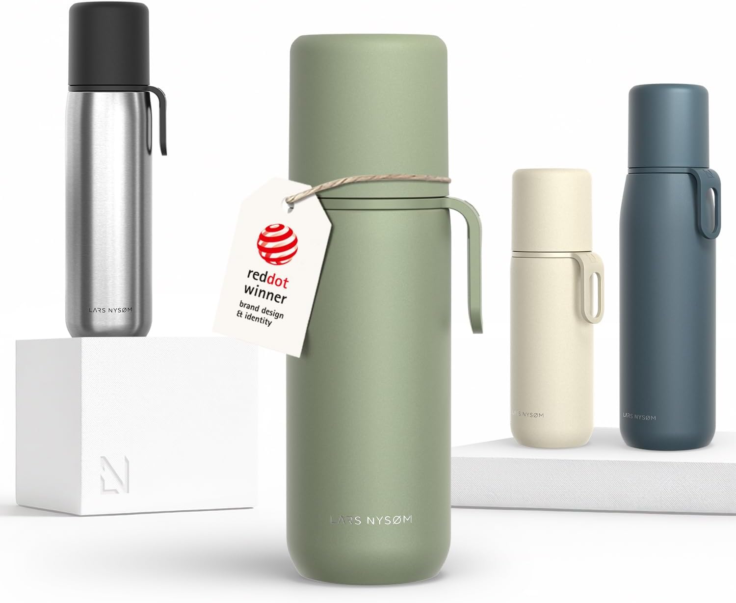 LARS NYSØM Stainless Steel Thermo Water Bottle – Double Wall Insulated Water Bottle with Cup & Carry Strap, Leakproof Metal Bottle for Travel, Office & Outdoor (Sage Green, 17oz)