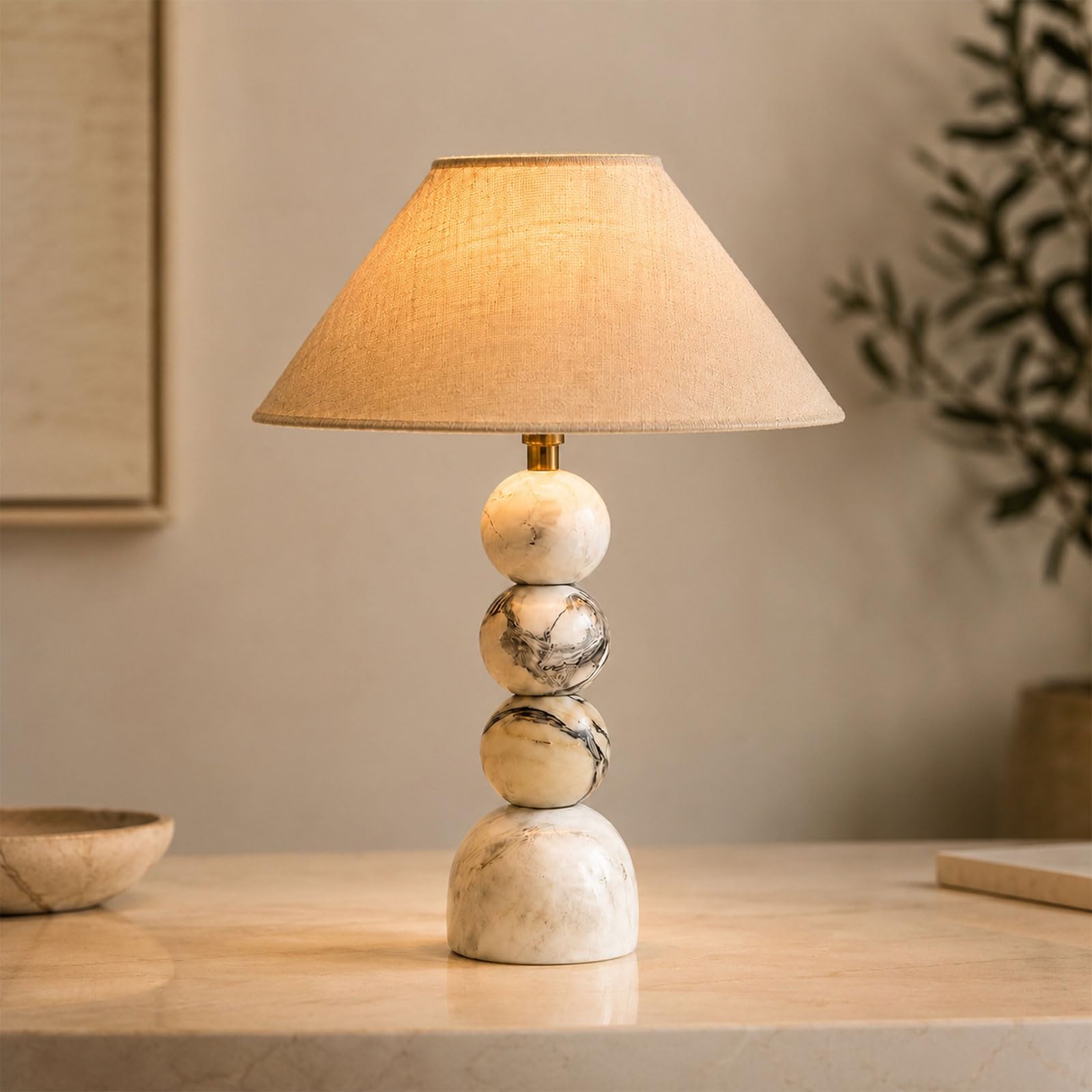 KlkrzJwy Marble Table Lamp 15.7" Rechargeable Cordless Table Lamp Modern Beige Linen Bedside Lamp With Touch Dimmable＆3 Color Temperatures Natural Stone Nightstand Lamp For Bedroom Living Room Office
