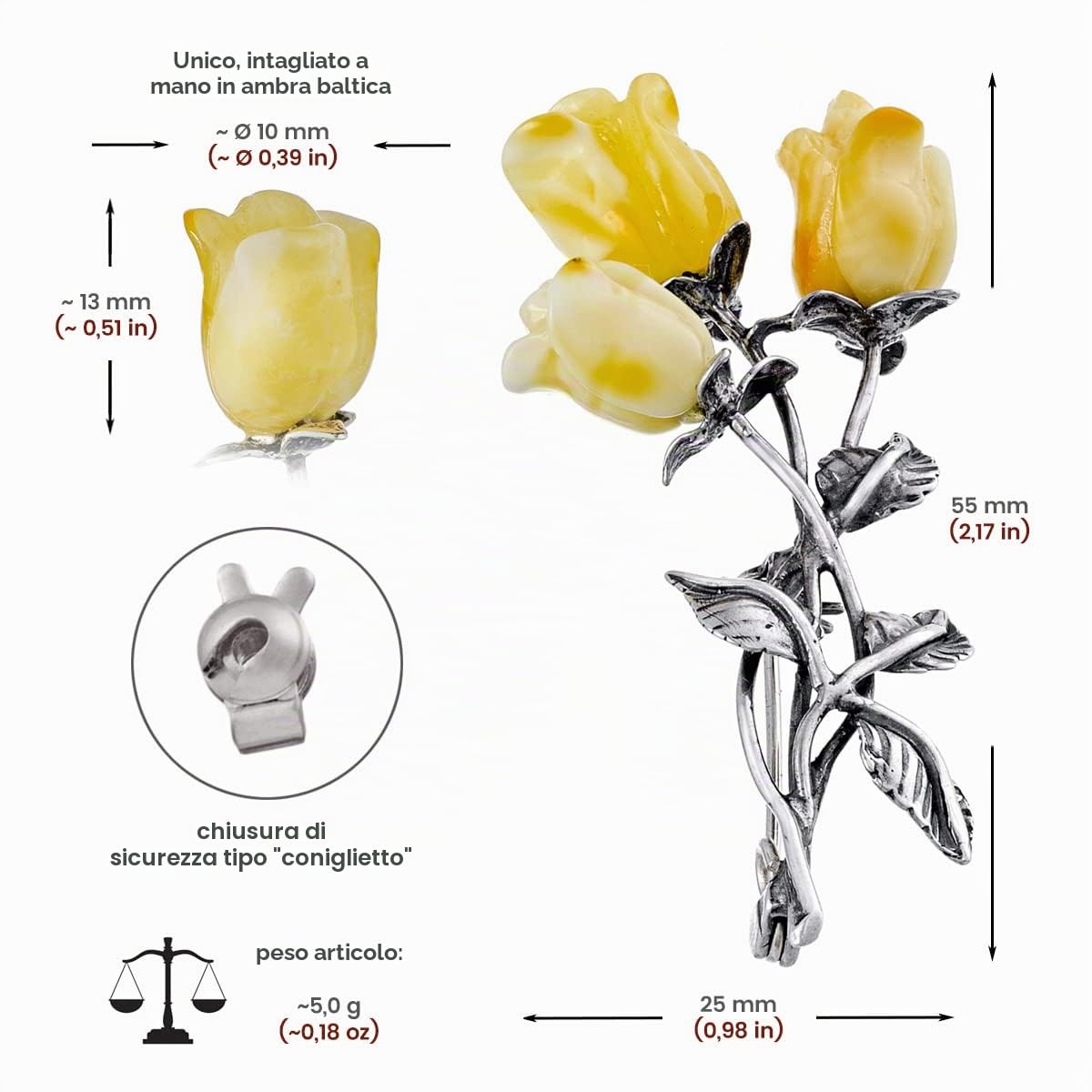 Spilla in argento 925 Ambra baltica Latte Rose gialle Regalo per signore