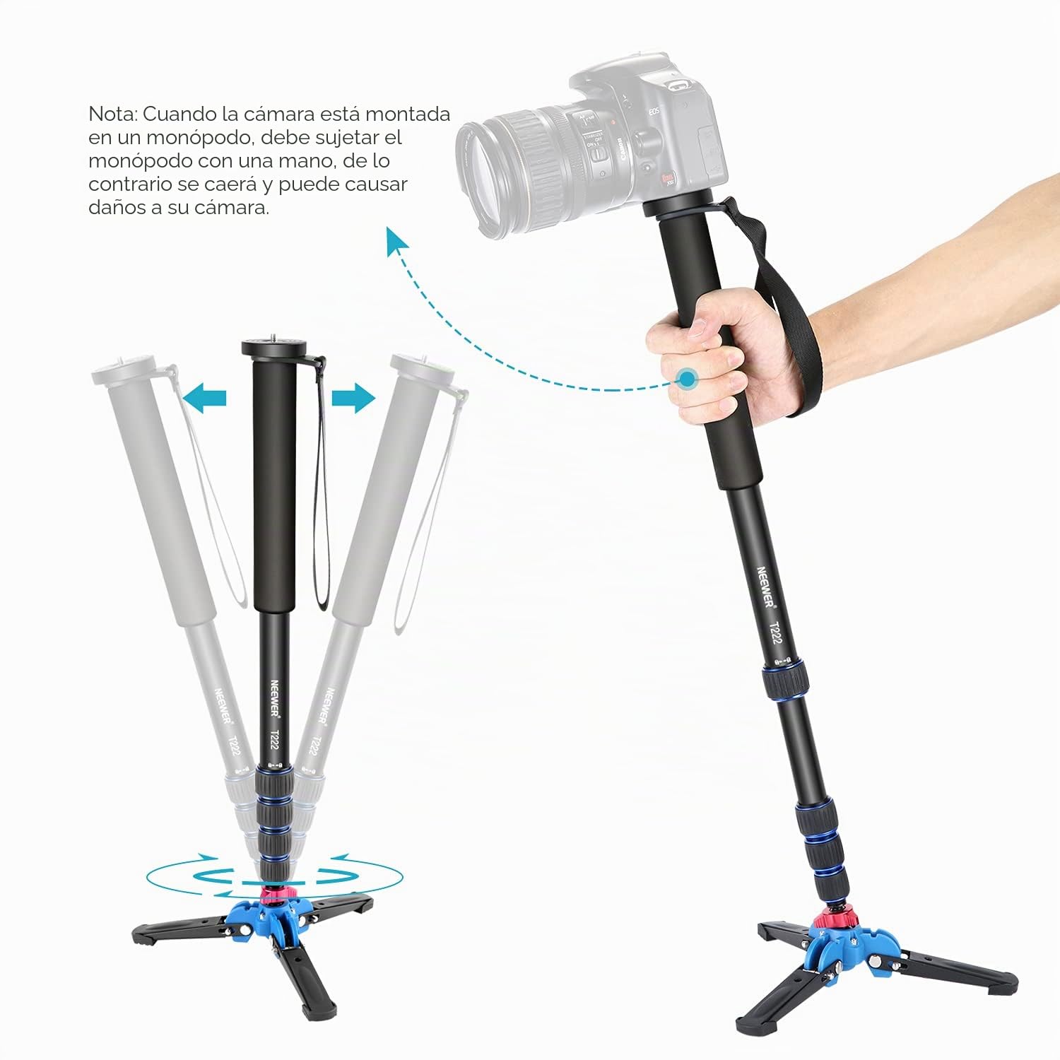 NEEWER Monopod Extensible de cámara con Base de Soporte Desmontable y Plegable: aleación de Aluminio, Altura de 52-168 centímetros para DSLR Nikon Sony; Carga admisible de 5 kg