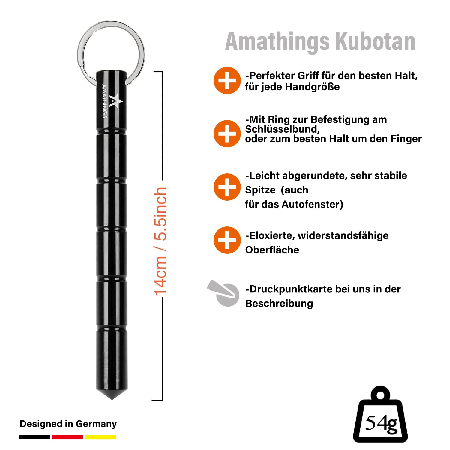 AMATHINGS 1 sztuka kubotanu w kolorze czarnym do samoobrony, breloczek do kluczy z ergonomicznym uchwytem – broń do samoobrony legalna, dla kobiet, broń obronna dla kobiet
