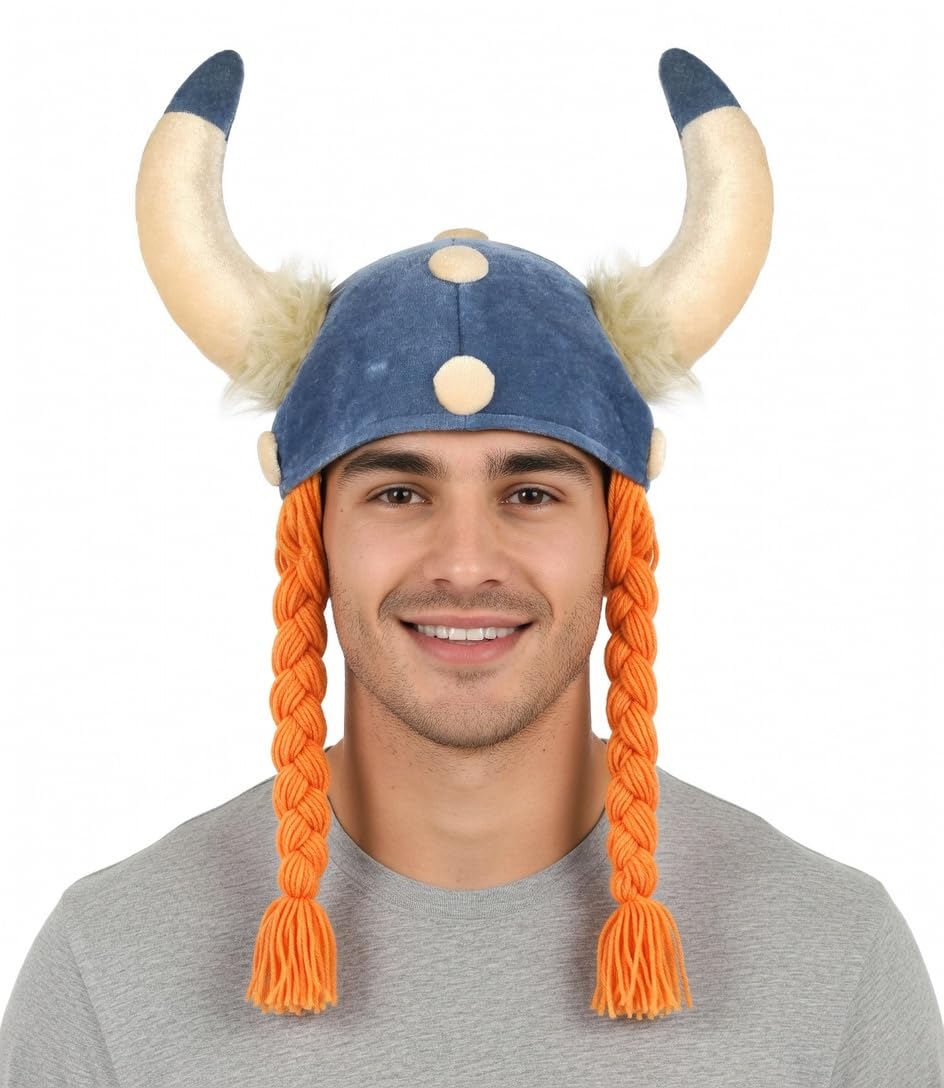 NuJake Viking Helmet Hat with Braided Ginger Plaits and Horns Fancy Dress Costume Accessory
