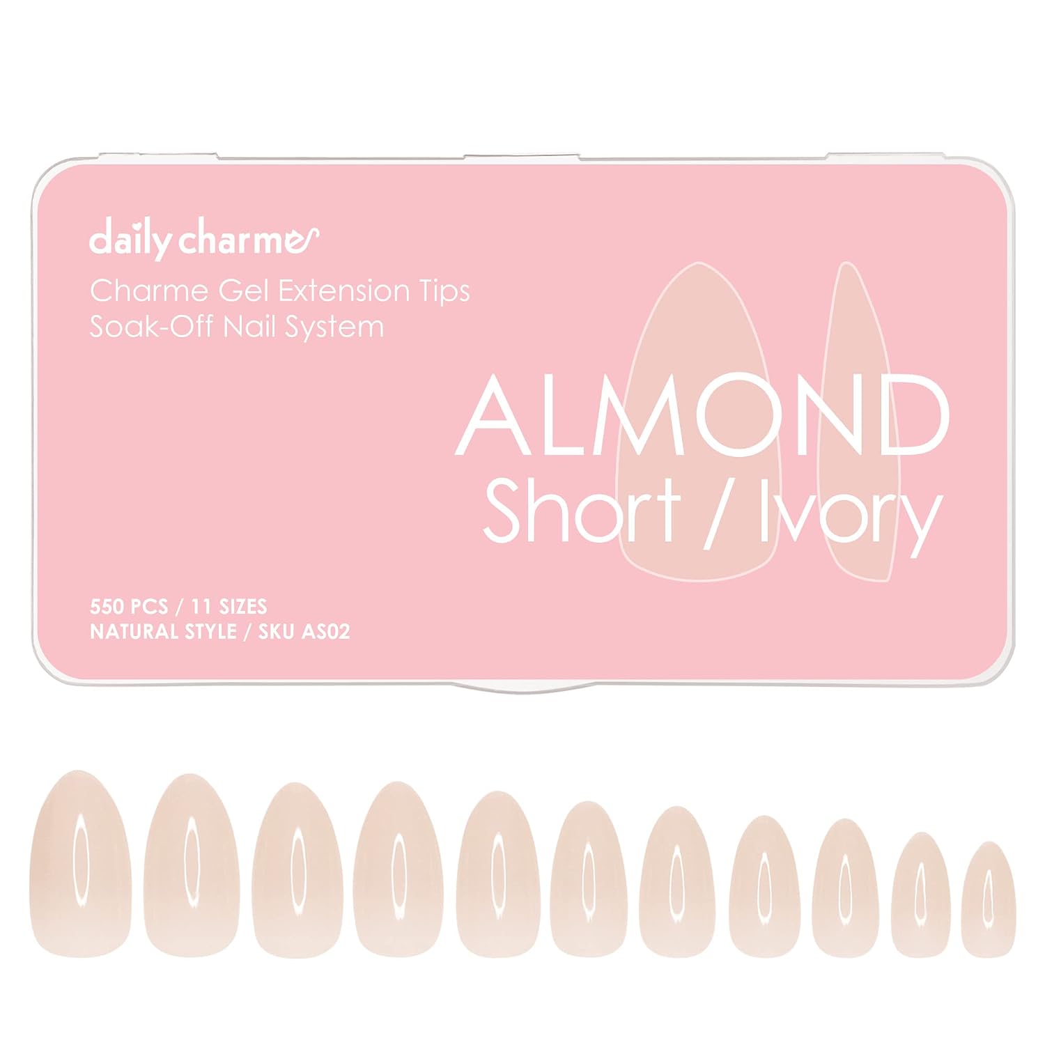 Daily Charme Gel Nail Extension Tips 550 pcs, 11 sizes, Pre-shaped False Nail Gel Extension Tips for Easy DIY Press On Nails (Almond Short, Clear)