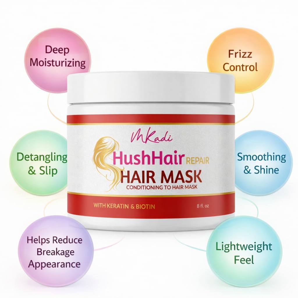 HushHair Deep Conditioning Hair Mask, Hydrating & Smoothing Treatment for Dry/Damaged Hair, Frizz Control & Shine, With Shea Butter, Niacinamide, Hyaluronic Acid & Vitamin B5, For Women & Men