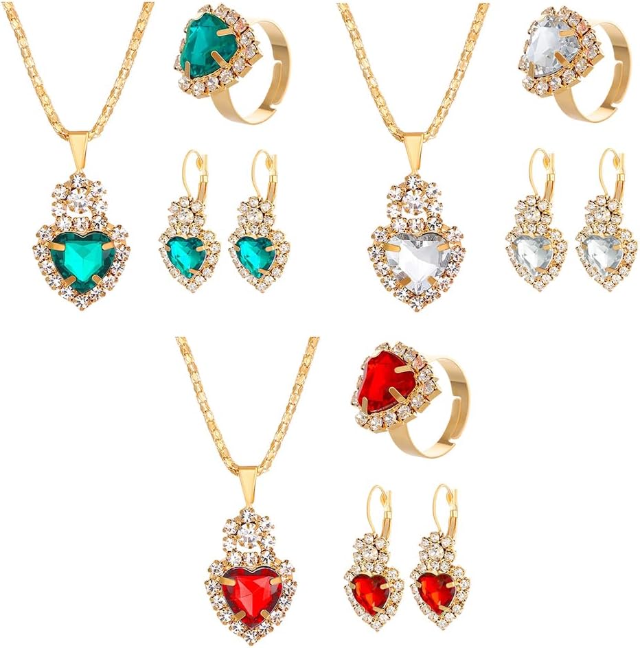 Rhinestone Necklace Dangle Earrings Jewelry Set Crystal Pendant Necklace Earrings Ring Set for Women Royal Elegant Bridal Jewelry Sets Gift for Girlfriend Wedding Holiday