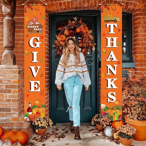 Thanksgiving Decorations Outdoor Give Thanks Banner, Fall Decor Friendsgiving Decorations Fall Front Porch Decor Harvest Decorations Thanksgiving Door Banner fall signs for home decor Outside Party - Image 4