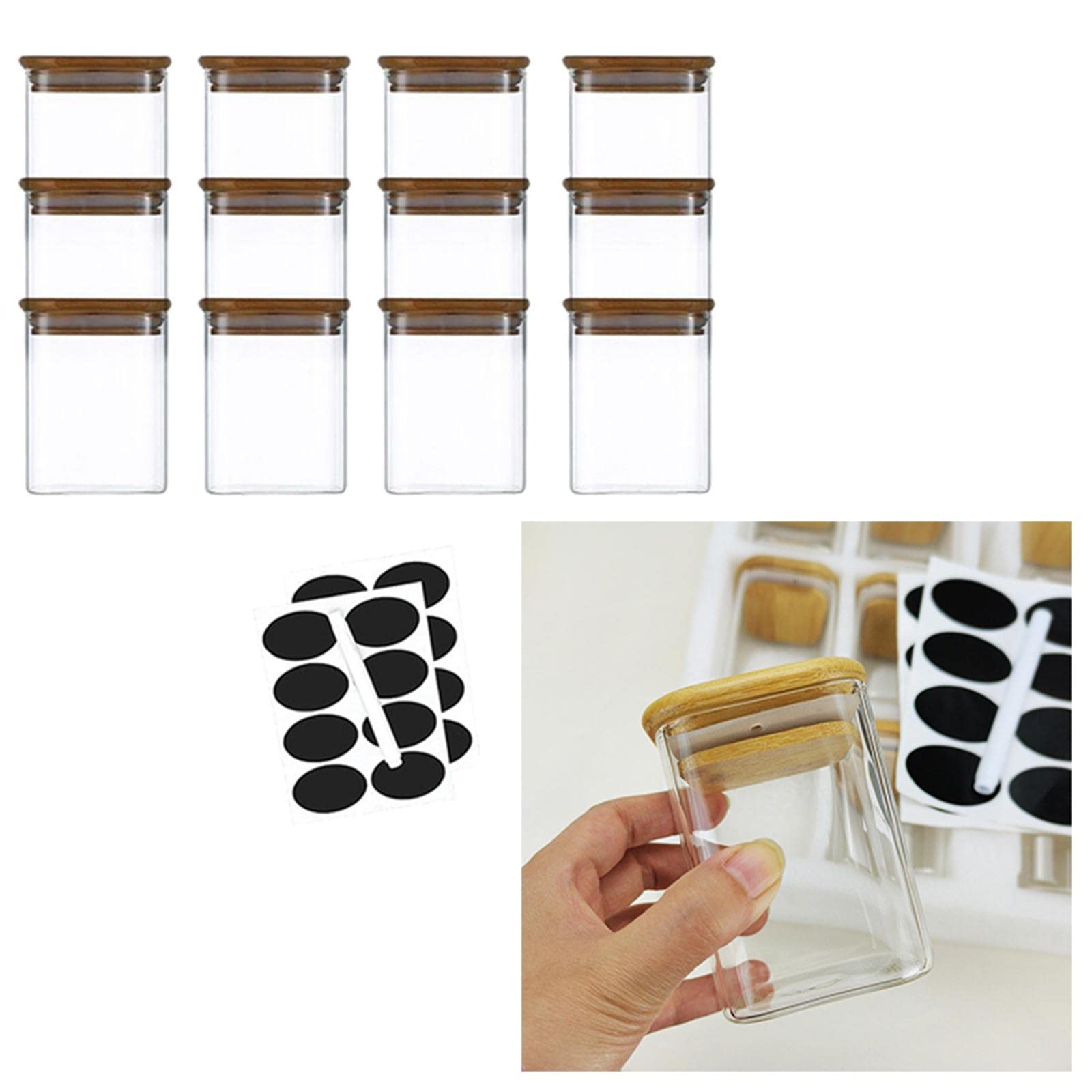 Set di 12 contenitori in vetro con guarnizione in sughero, contenitori per alimenti in vetro borosilicato per cucina, dispensa, spezie, tè e alimenti secchi