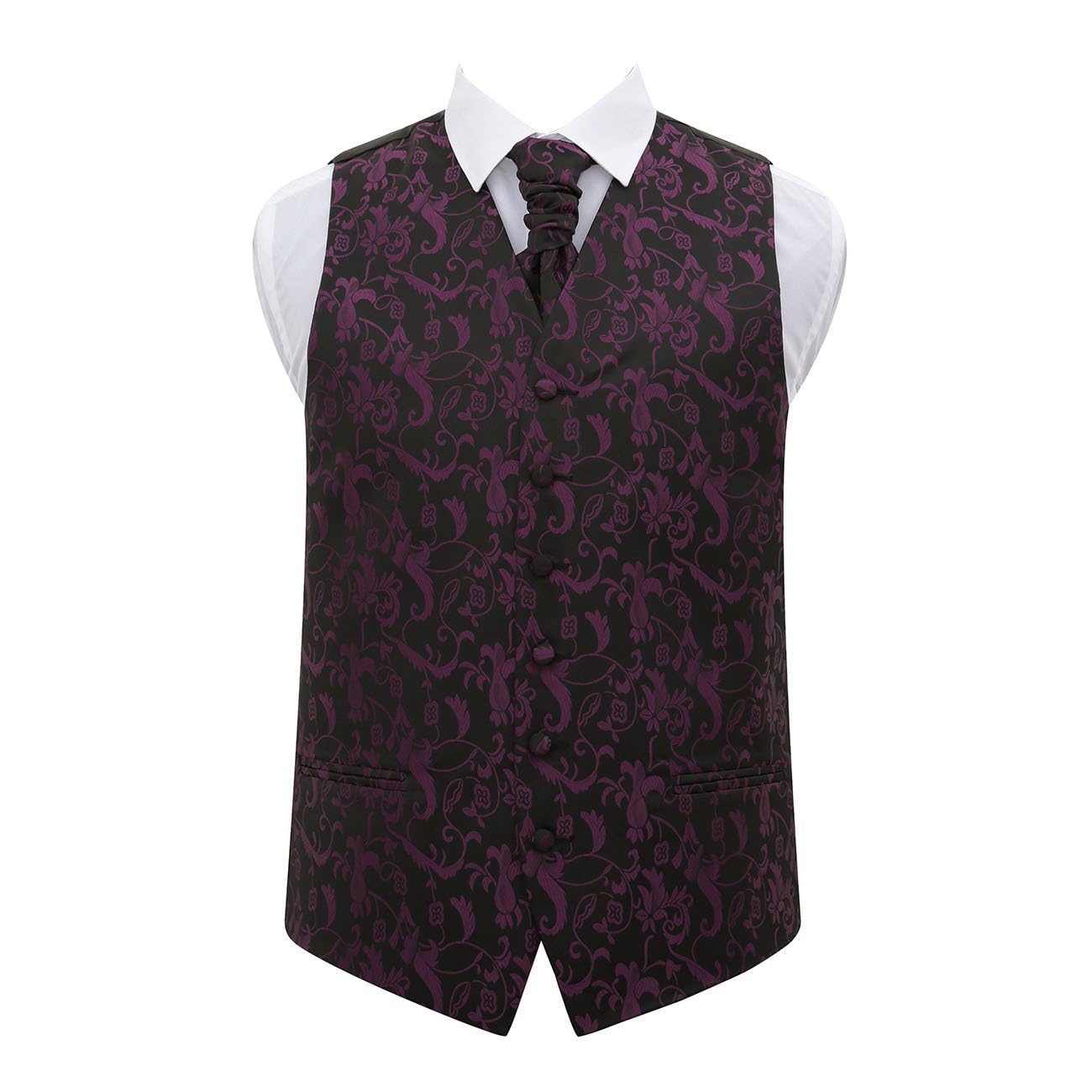 Dqt Men's Black & Purple Passion Floral Jacquard Waistcoat, Cravat, Pocket Square & Cufflinks Set (4Pc) - Wedding, Business & Formal - 44" (2Xl)
