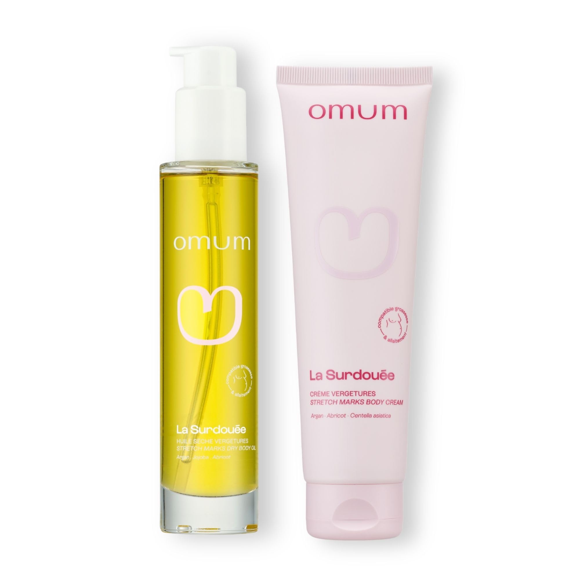 OMUM - La Surdouée Duo Crème et Huile - Prévention vergetures - Protège, régénère la peau, prévient la formation des vergetures - Compatible grossesse dès 1er mois - Vegan - 150 ml et 100 ml
