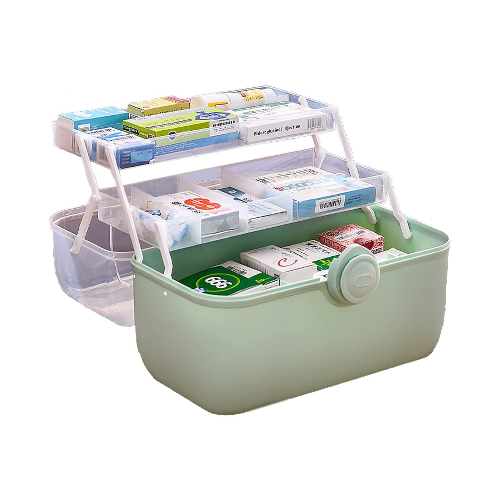 ANMOO Lockable Medicine Storage Box, 3-Tier First Aid Box with Portable Handle, Clear Plastic Organizer for Home, Travel, Emergency (Green) — image 1