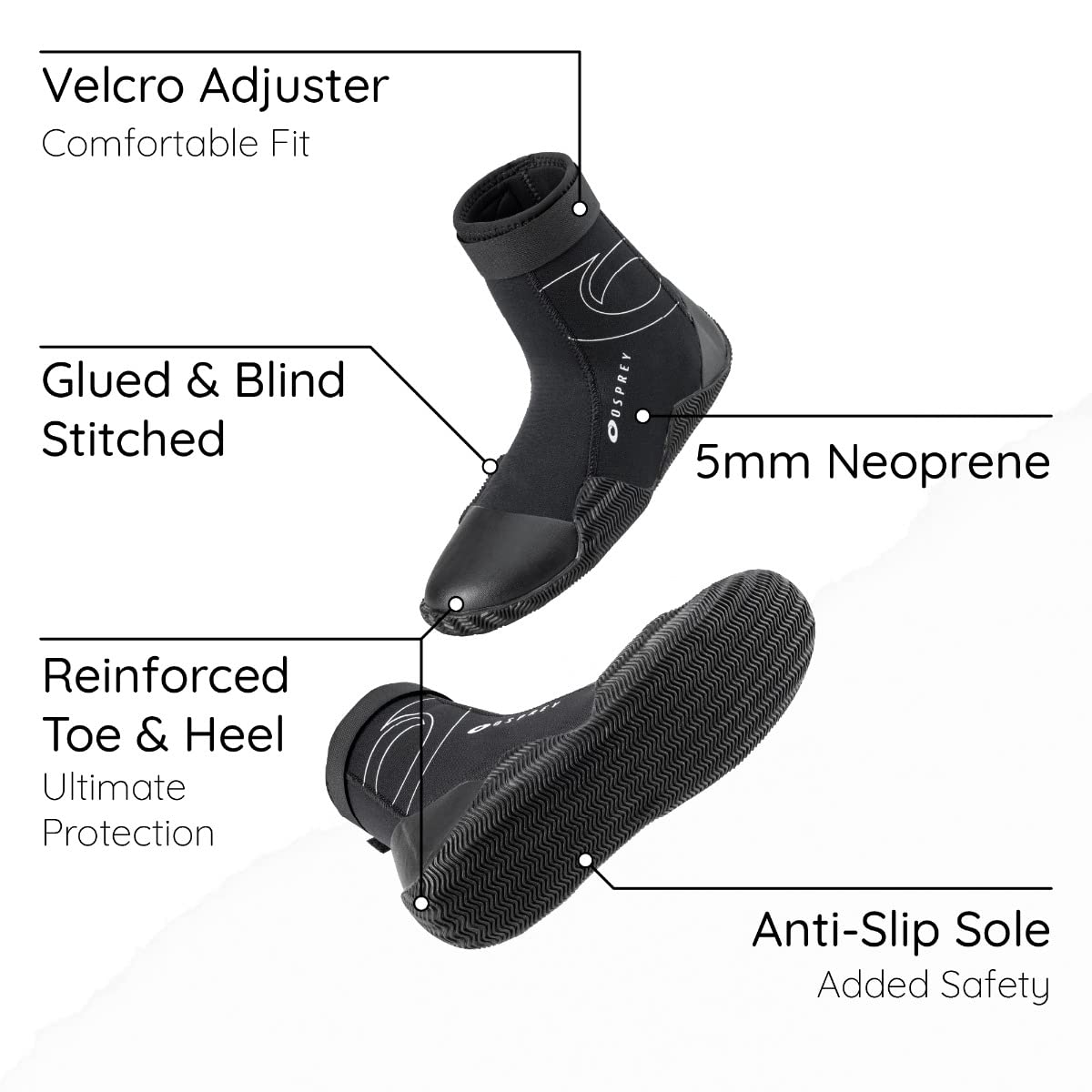 Osprey Neoprenanzug-Stiefel für Erwachsene, 5 mm, Neopren, Aquastiefel für Damen und Herren, mit Rutschfester Sohle für Harte Gegenstände, mehrere Größen