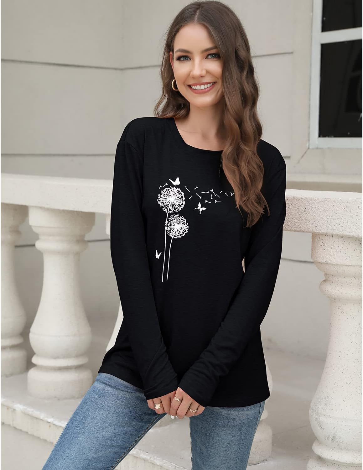 Womens T Shirt Flower Graphic Tee Tops Autumn Long Sleeve Cotton Tunic Tops - Image 2