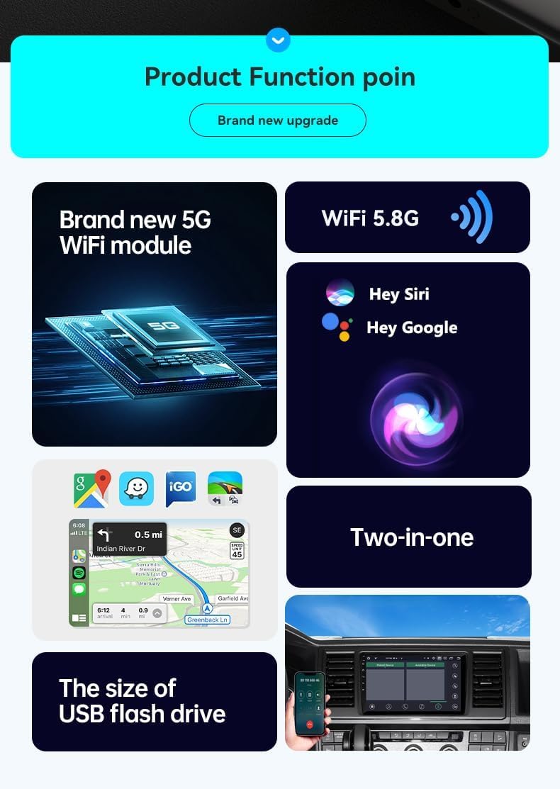 CarPlay sans Fil 2 en 1 pour Apple CarPlay/Android Auto,Mini Adaptateur sans Fil pour iPhone/Android et Plus de 927+ Voitures,Bluetooth 5.3 et WiFi 6,sans décalage,Plug and Play,Connexion Automatique