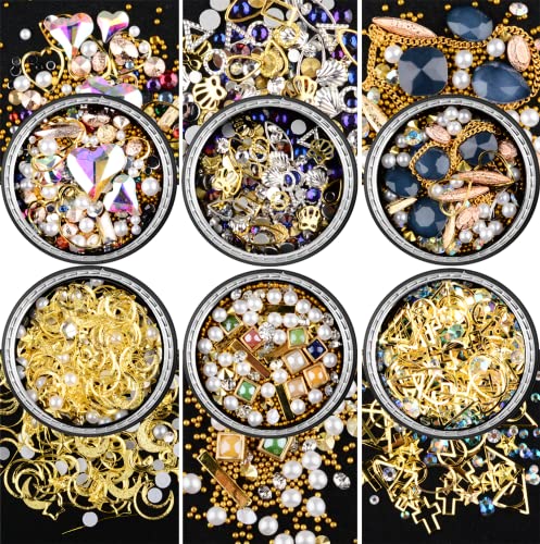 Edittime 6 Wheels Mixed Sparkle Nail Art Rhinestones Diamonds Crystals Butterfly Beads Artificial Pearls Gold Silver Nail Studs Gems Metal Hollow Rivets Charms (Retro Rhinestones Kit) #TOP7