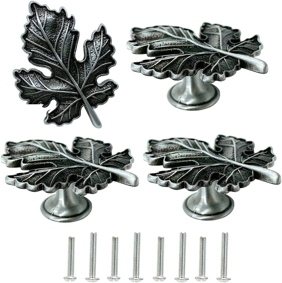 Cabinet Knobs Maple Leaf Knobs, 4 Pcs Antique Cabinet Knob,Drawer Knob,Bedside Table Handle,Closet Knob,Bookcase Handle,Furniture Door Pull,Hardware Decoration Accessories (Ancient Tin)