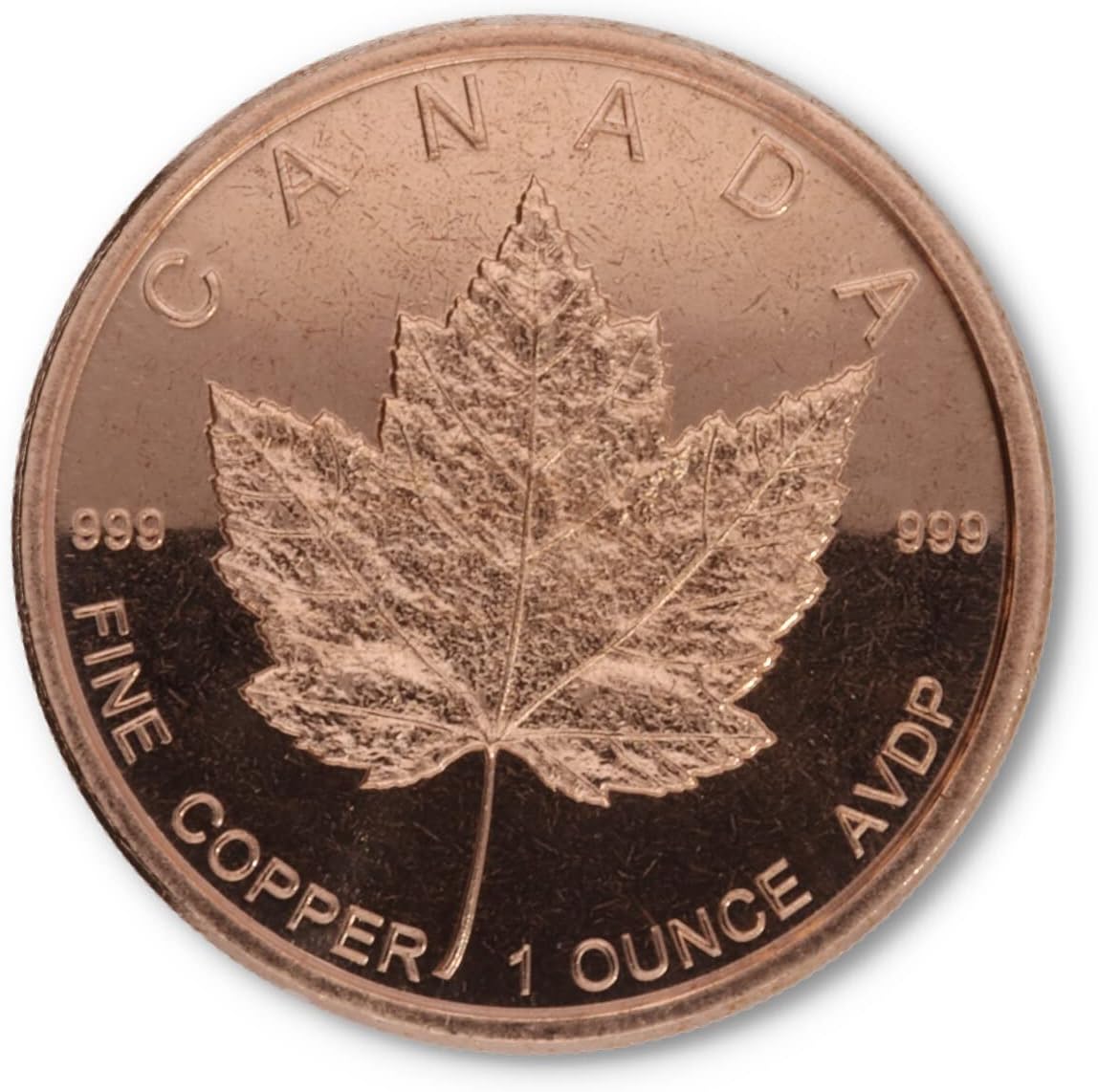 1 ounce (AVDP) .999 fine copper - 1 piece embossed with motif (Maple Leaf)