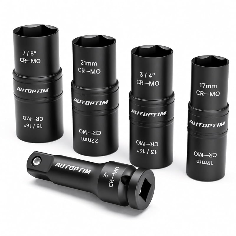 Kit de Soquetes de Impacto Flip AUTOPTIM com Encaixe de 12,7 mm, Aço CR-MO, Métrico e SAE, 5 Peças