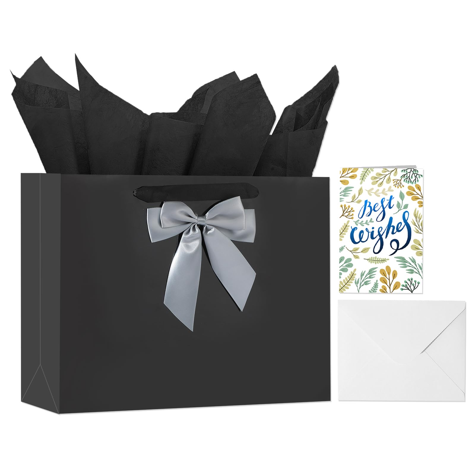 Birthday Gift Bag with Tissue Paper and Card(1 PCS Bright Black, 13") | Birthday Gift Bag Set - 1 Gift Bag with Bow, 2 Tissues & Greeting Card for Men Women,Gift Bags Medium size Bright Black 1 Pack