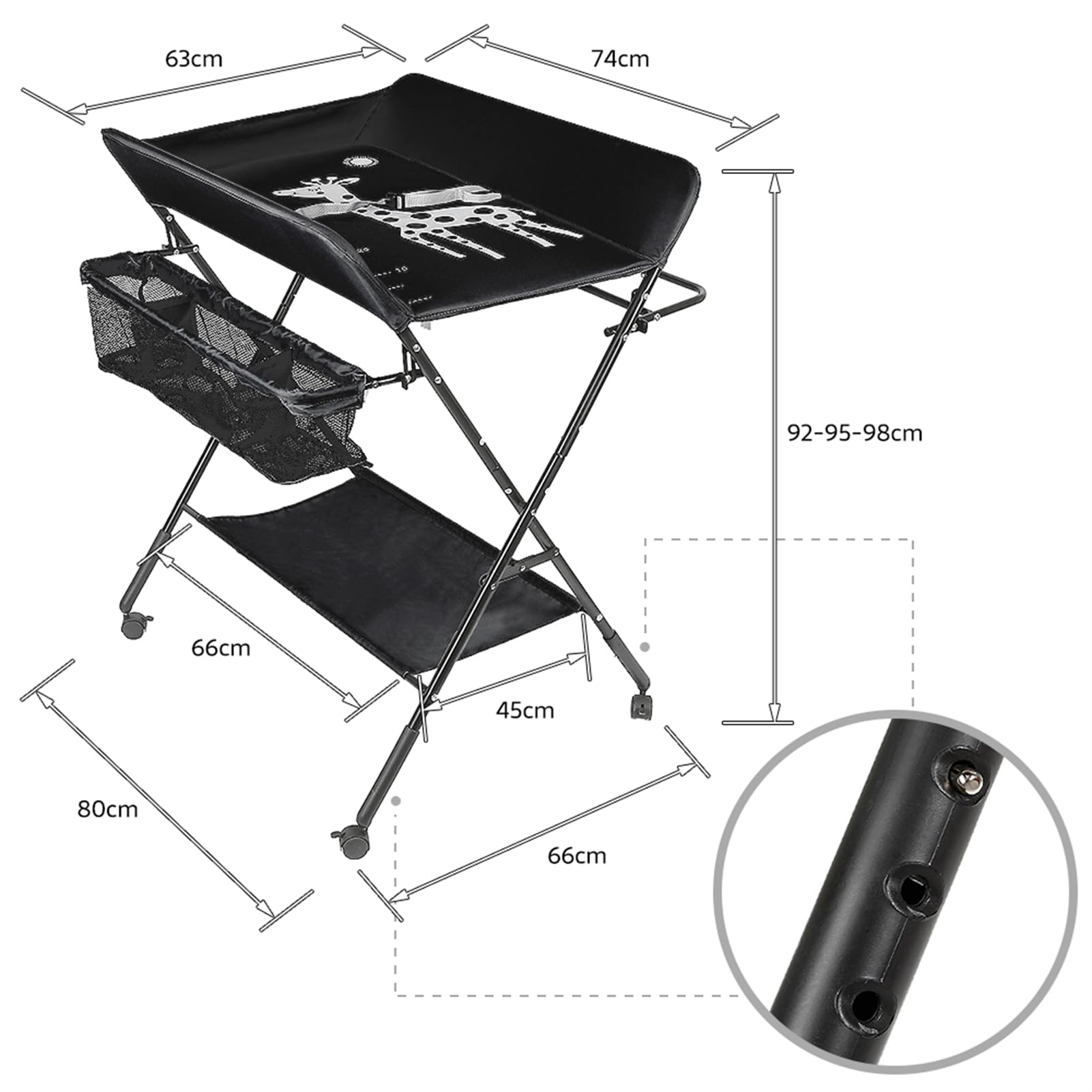Homewell Cambiador de bebé plegable, con cambiador, cinturón de seguridad, compartimentos, bonito patrón e indicación de altura, estable y cómodo (negro)