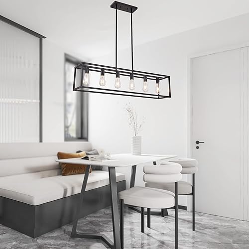 Miniatura 4 de Candelabros rectangulares de granja para comedores, luces colgantes de cocina, isla de cocina, color negro, 6 luces, iluminación colgante industrial