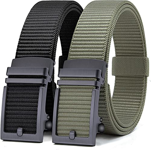Cinturones para hombre Casual DOXUNGOO Paquete de 2 cinturones de golf, cinturón de trinquete de nailon, ajuste fácil de ajustar (Negro y verde militar)