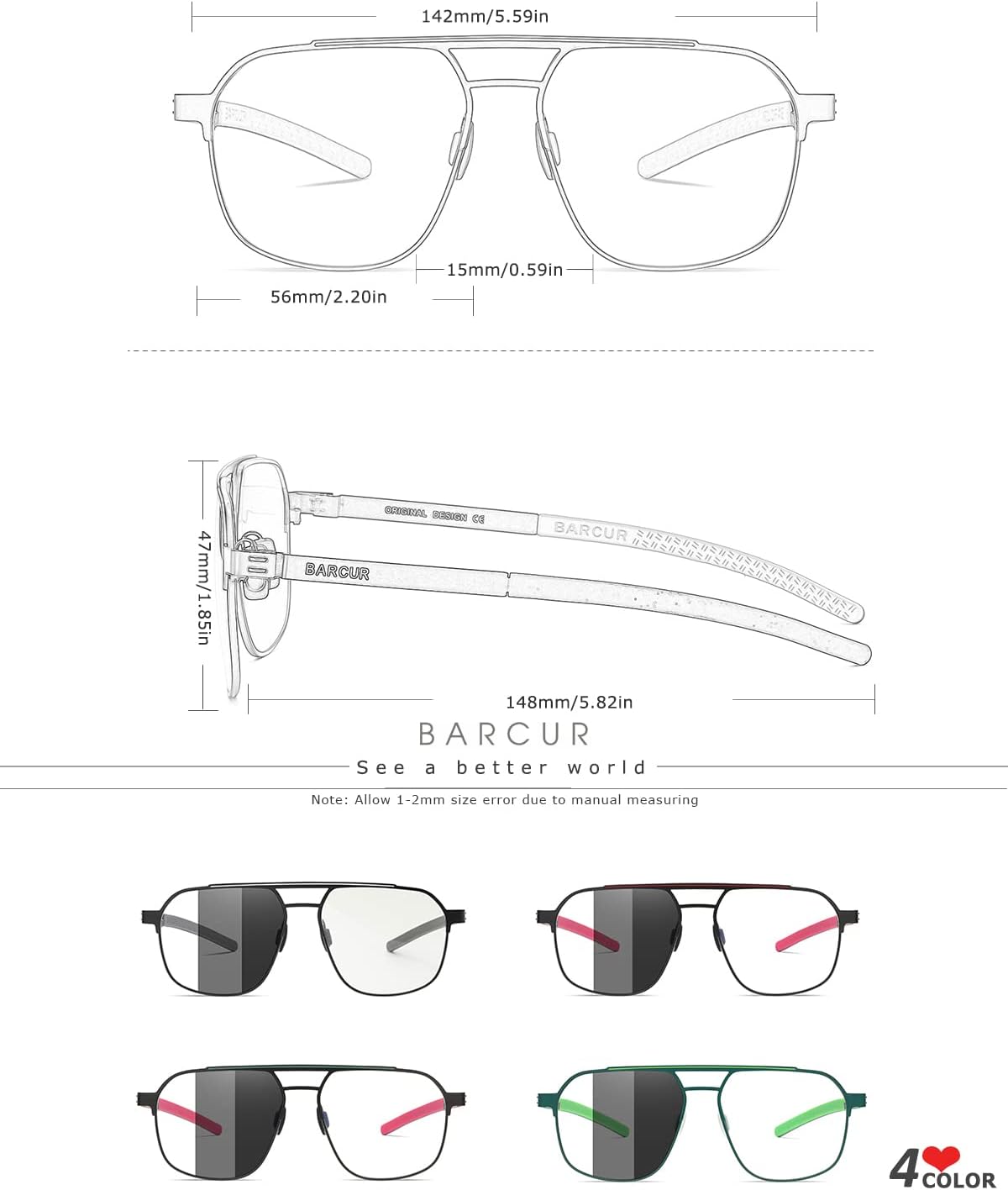 Barcur Design Seconds Photochromic&Blue Light Blocking Sqaure Aviator Sunglasses/Glasses for Men Women BC306 - Image 6