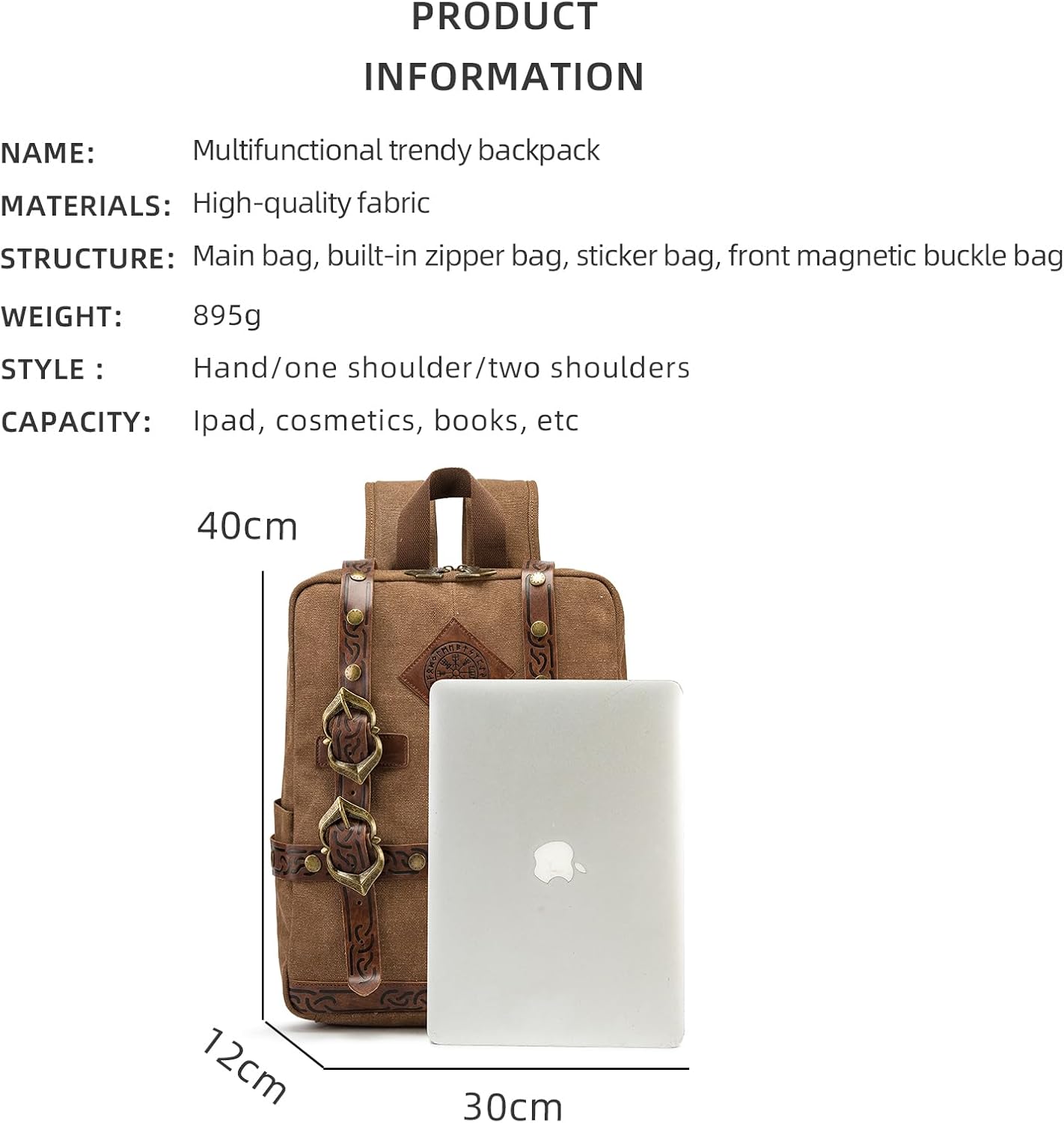 SV SENVAN Viking Steampunk Leather Backpack – Medieval LARP Renaissance Bag with Metal Accents, Brown Embossed Canvas for Outdoor Travel & Cosplay