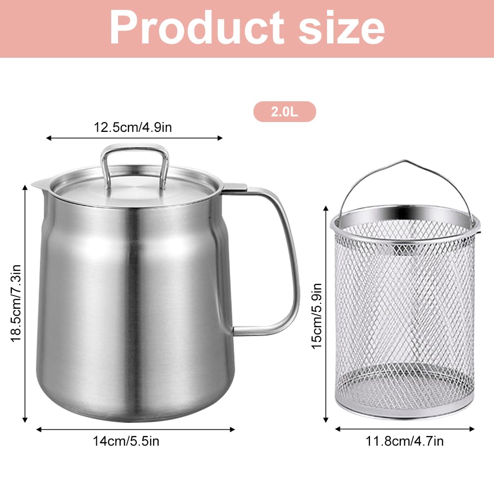 Stainless Steel Oil Filter Pot 2L, Contenitore per Grasso con Filtro a Maglia Fine e Coperchio, Bacon Grease Container, Large Capacity Versatile Oil Filter Pot per Conservare Olio da Frittura