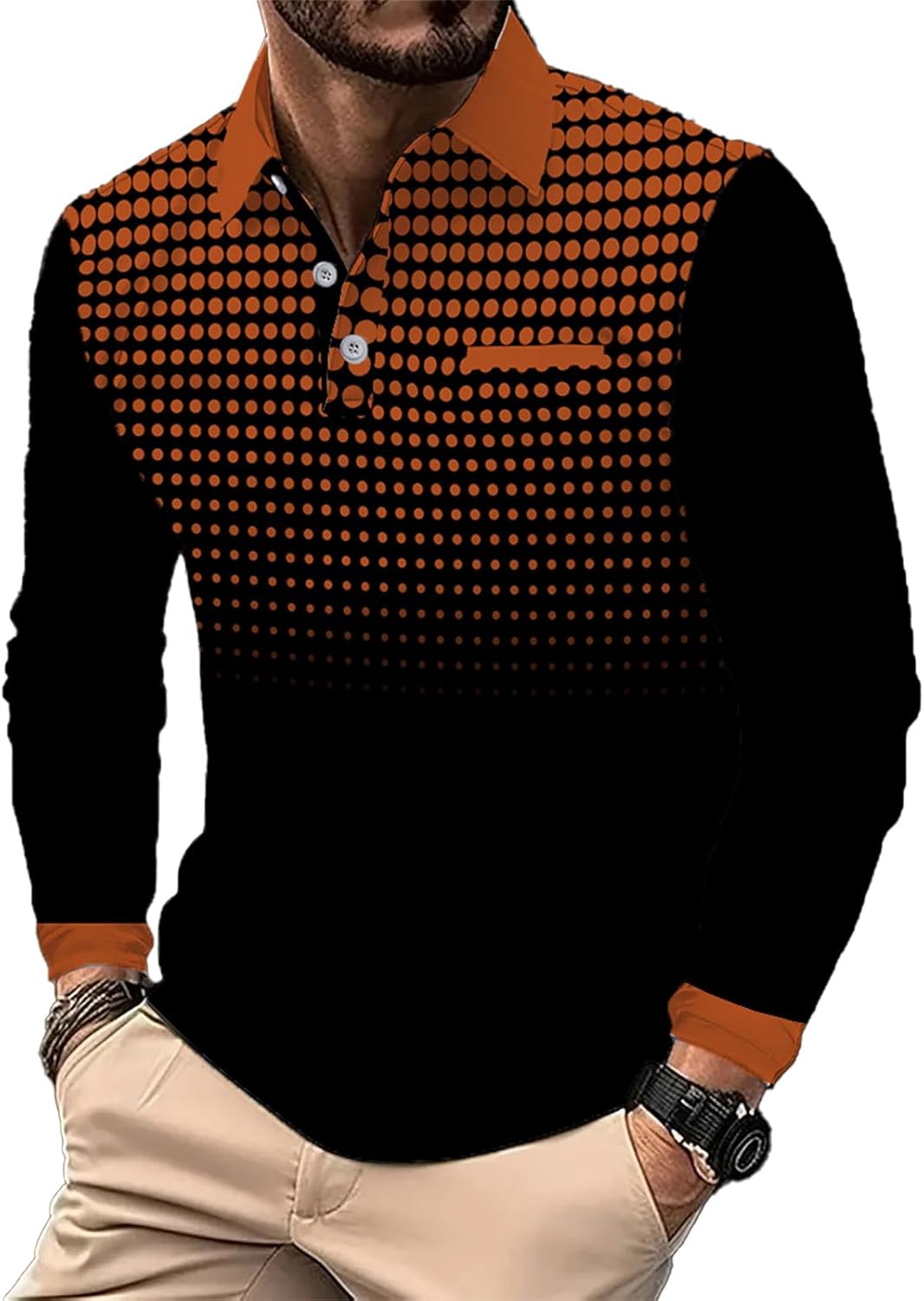 Men's Long Sleeve Polo Shirts Casual Button Polo Shirt with Chest Pocket Classic Collared Golf Shirt