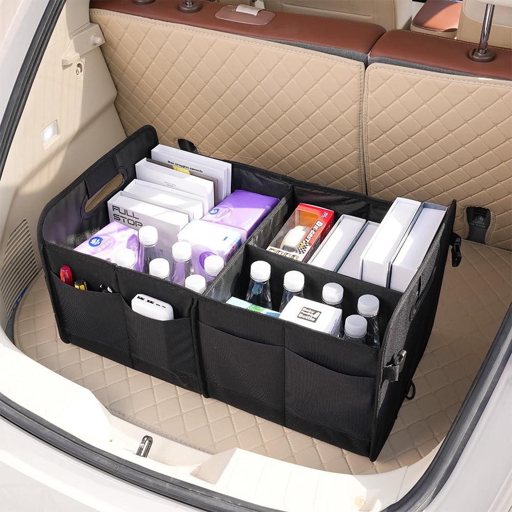 Car trunk storage box Foldable sedan SUV Universal outing travel good goods Multi compartment partition with handle (black)