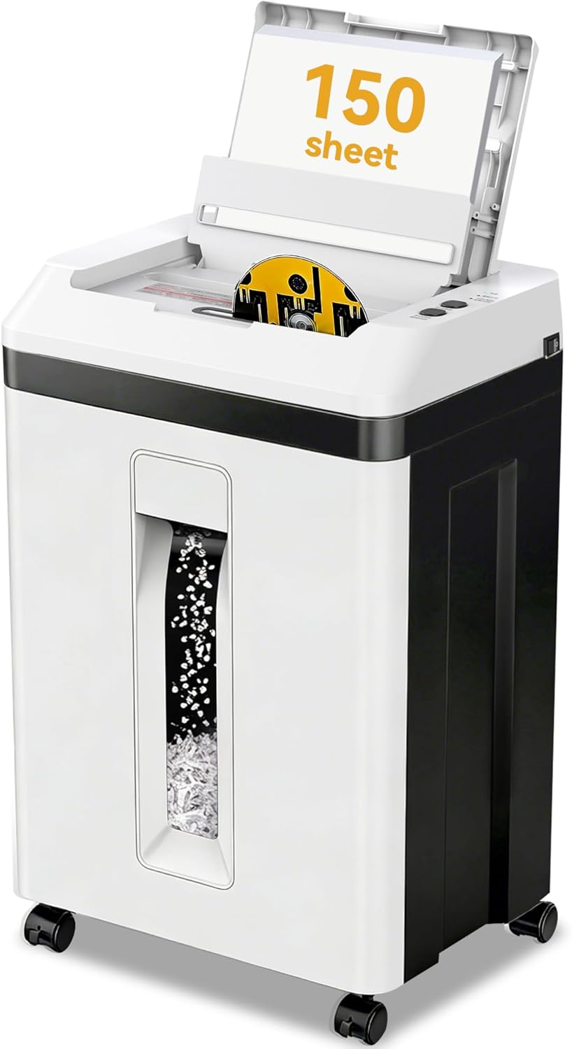 150-Sheet Paper Shredder Heavy Duty, Micro Cut and CDs/Cards, P5 Ultra Security, 60 Min Non Stop Shredder for Home Office, 5.3 Gallon Bin with Wheels, <60 dB (OL289)