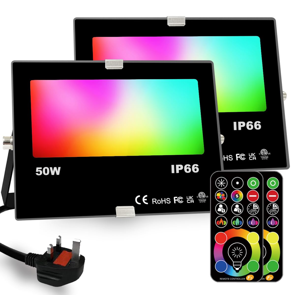 HEKEE LED Floodlight, 50W RGB Colour Changing,DIY Strobe Mode, 120 Colors, Timing, Outdoor Floodlights 5500 Lumens, RGB 2700K Warm White, IP66 Waterproof (2 Pack)