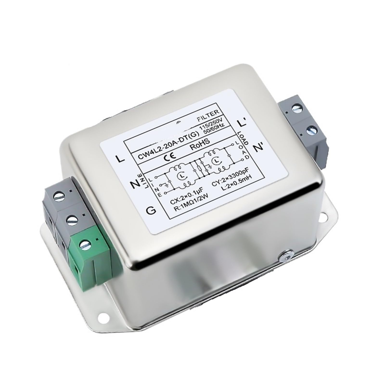 JJHQOKYNA CW4L2-10A-DT-G DIN-Rail Power Filter Single-Phase AC 220V Anti-Interference Frequency Harmonic(CW4L2-20A -DT -G snap on)