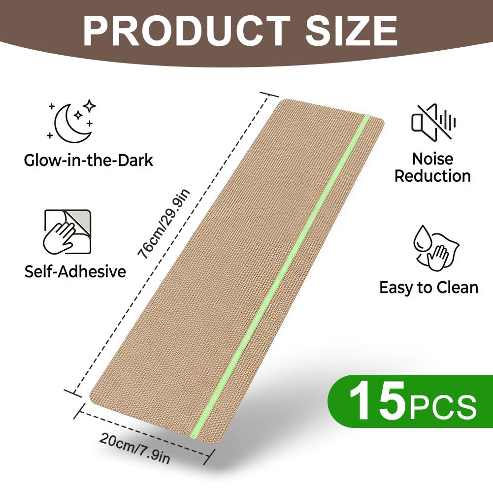 FARYODI 15 Stück Treppenmatten mit Glow in Dark Streifen, Treppenmatten Selbstklebend für Holztreppen, 100% Polyester TPE Rückseite Treppenteppich für Kinder, Ältere und Haustiere, 76 x 20cm (Beige)