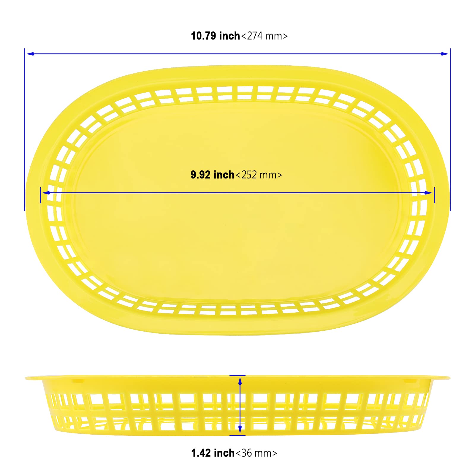 24 Pack Plastic Oval Shape Fast Food Basket for Bread, Hot Dog, Hamburgers, Sandwiches, Fries, BBQs (Yellow, 11" x 7")
