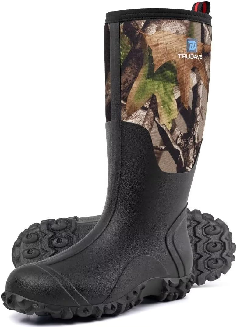 Trudave Rubber Boots for Men with Steel Shank, Waterproof Insulated Reliable Rain Boots for Outdoor Work Hunting, Warm Dry 5mm Neoprene Anti-slip All-Season Mud Boots, Size 5-14