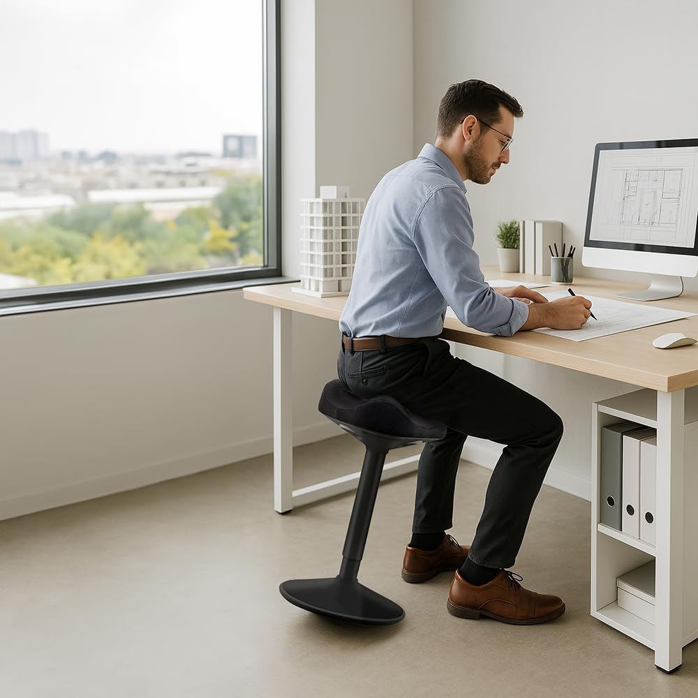 Tabouret Ergonomique à Bascule, Hauteur Réglable, Assise Confort Matelassée Forme Selle, Base Bombée Antidérapante, Noir