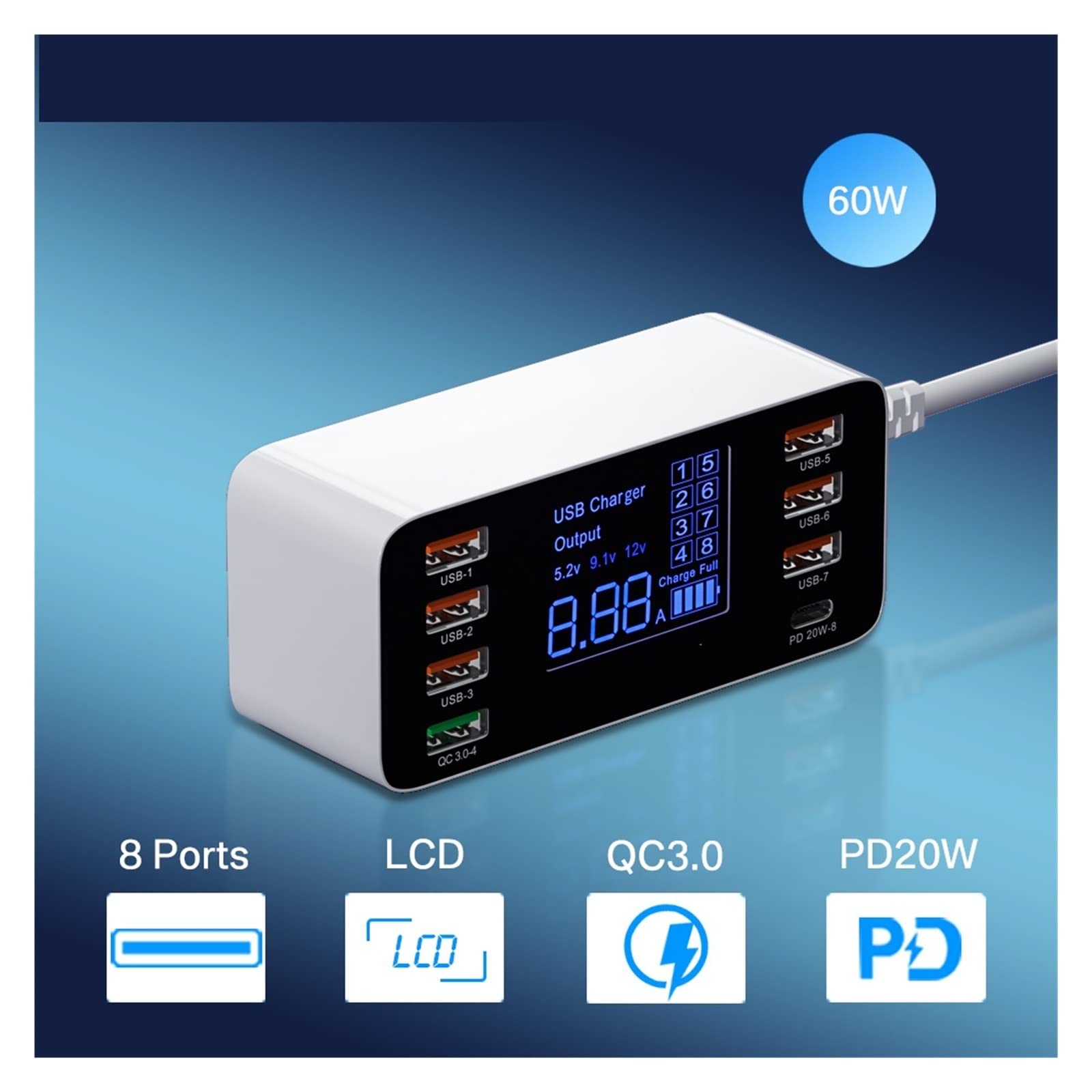 Stacja ładowania, 8 portów szybka ładowarka USB QC3.0 szybkie ładowanie typu C inteligentna stacja ładująca LCD cyfrowy wyświetlacz USB wieloportowy do telefonu(60W PD QC3.0)