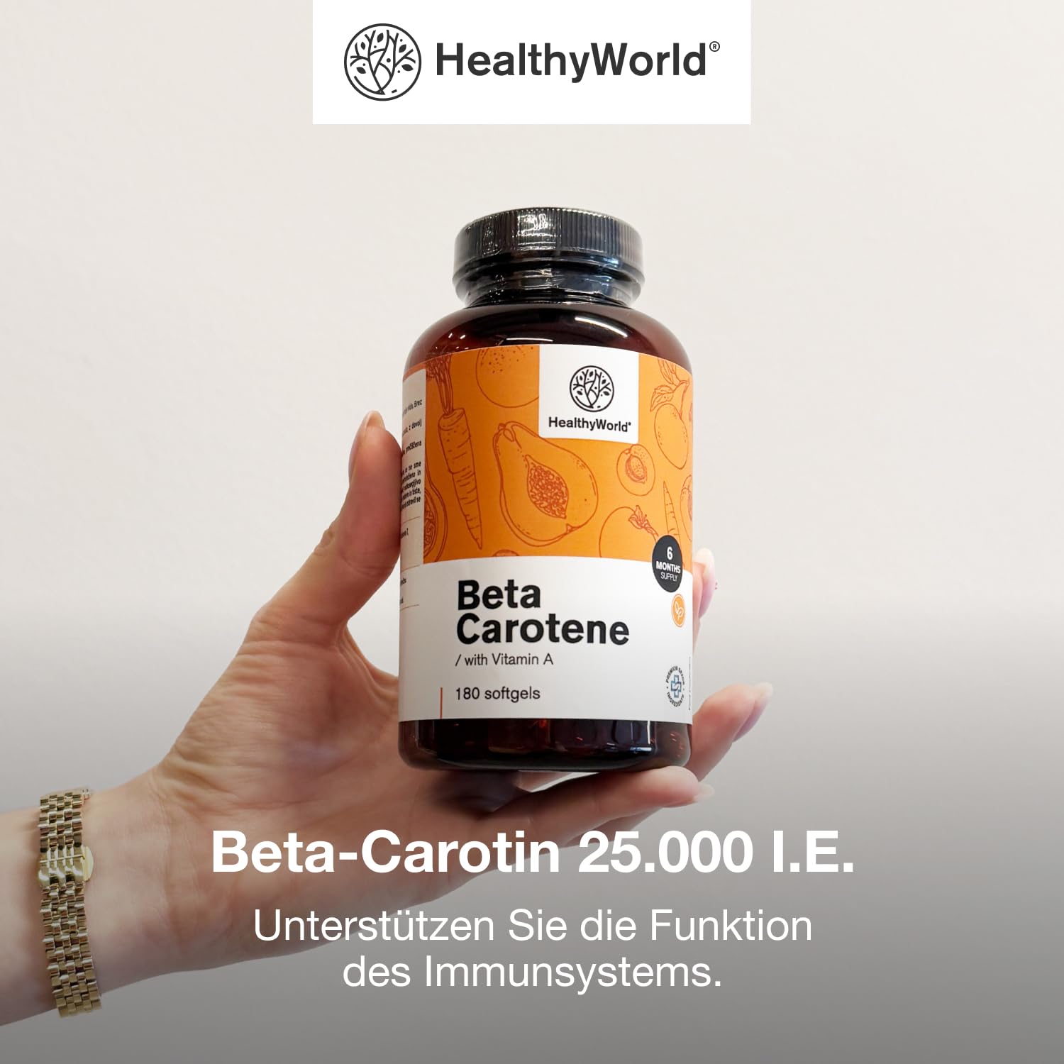 HealthyWorld Beta-Carotin 25.000 i.e. – 25.000 μg Vitamin A pro Dosis – 180 Weichkapseln – 6 Monate Vorrat – Glutenfrei und Laktosefrei – Unterstützung für das Sehvermögen und das Immunsystem
