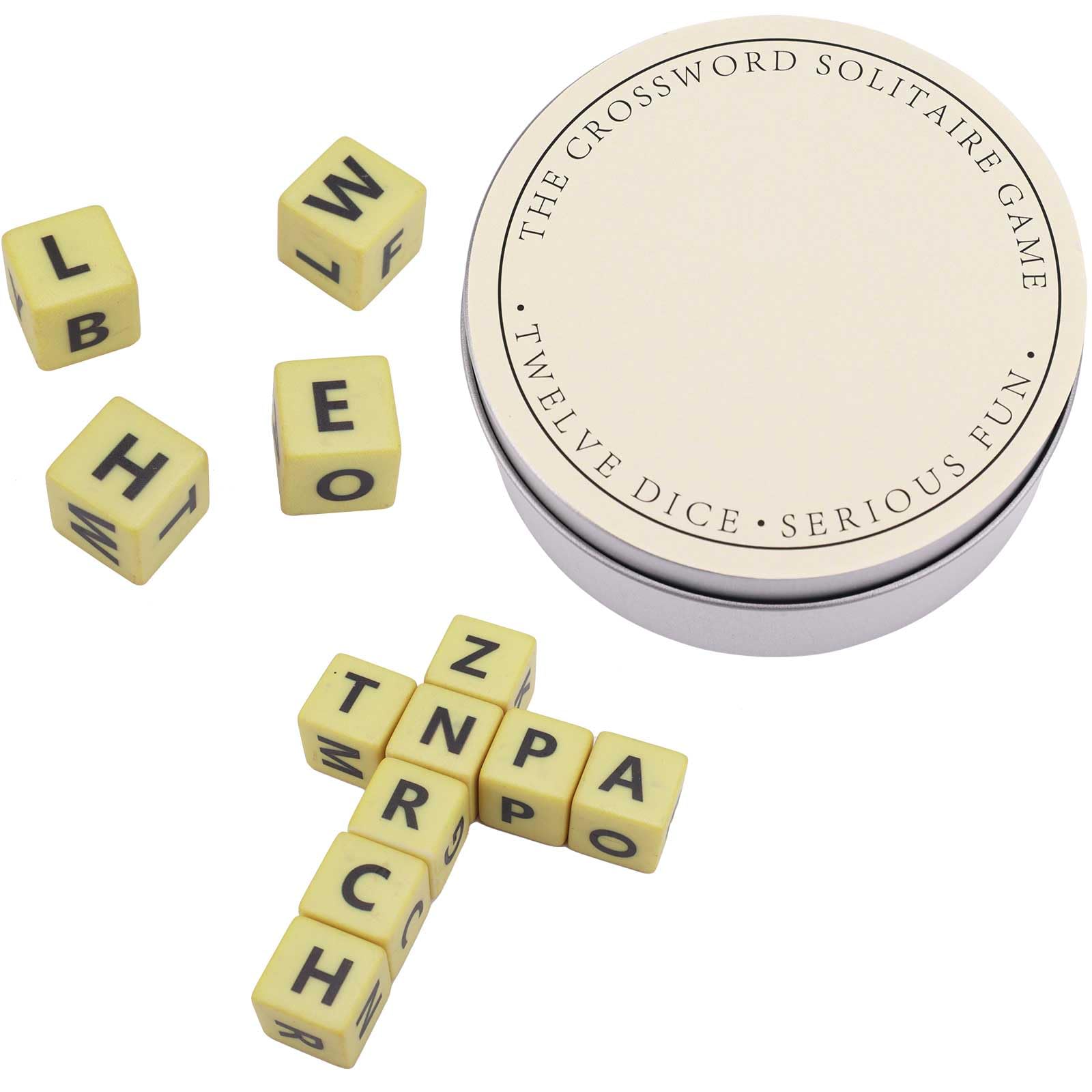 The Crossword Solitaire Game, Dice Game with Twelve Dice Letters Set Alphabet Dice Game Dice Word Games Packed with Stainless Steel Case, Anti-loss (Silver)
