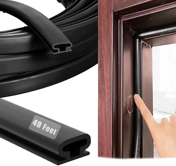 Rubber Weather Stripping Door Seal Strip, Self-Adhesive Door Weather Stripping Strip, Soundproof D Shape Waterproof Weatherstripping for Door Frame Windows Insulation (49ft,Black)