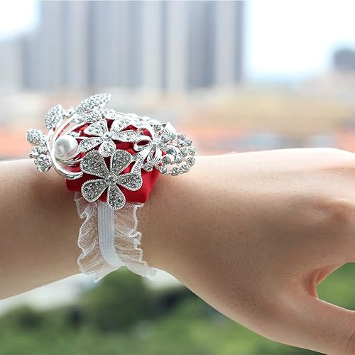 Miniatura 5 de WANLIAN Juego de ramillete de muñeca con peal y diamantes de imitación ramillete y boutonniere para bodas, bailes, fiestas (rojo plateado, 2 piezas)
