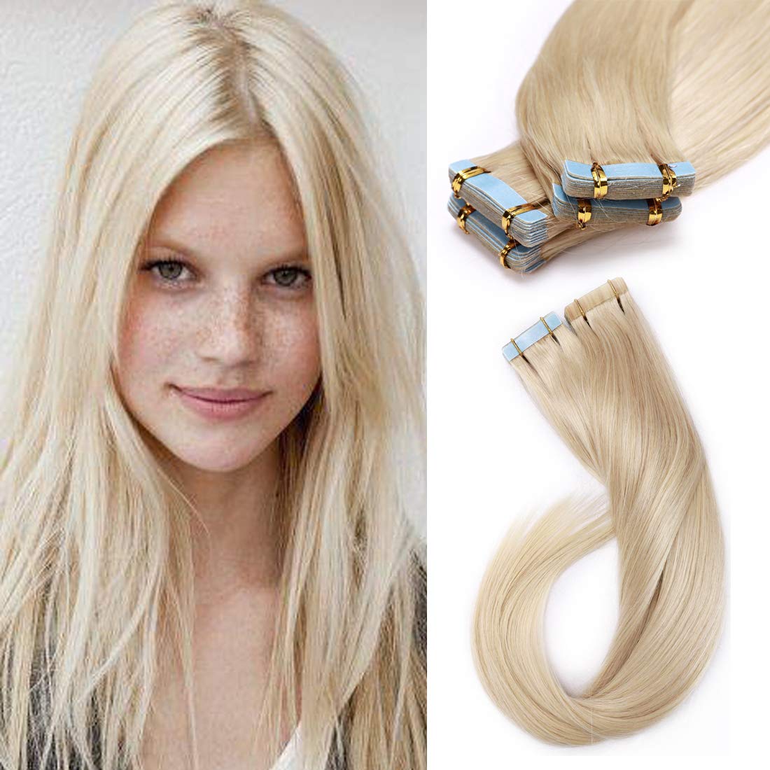 SEGO Tape in Hair Extensions Human Hair 22 Inch White Blonde 20pcs 50g Straight