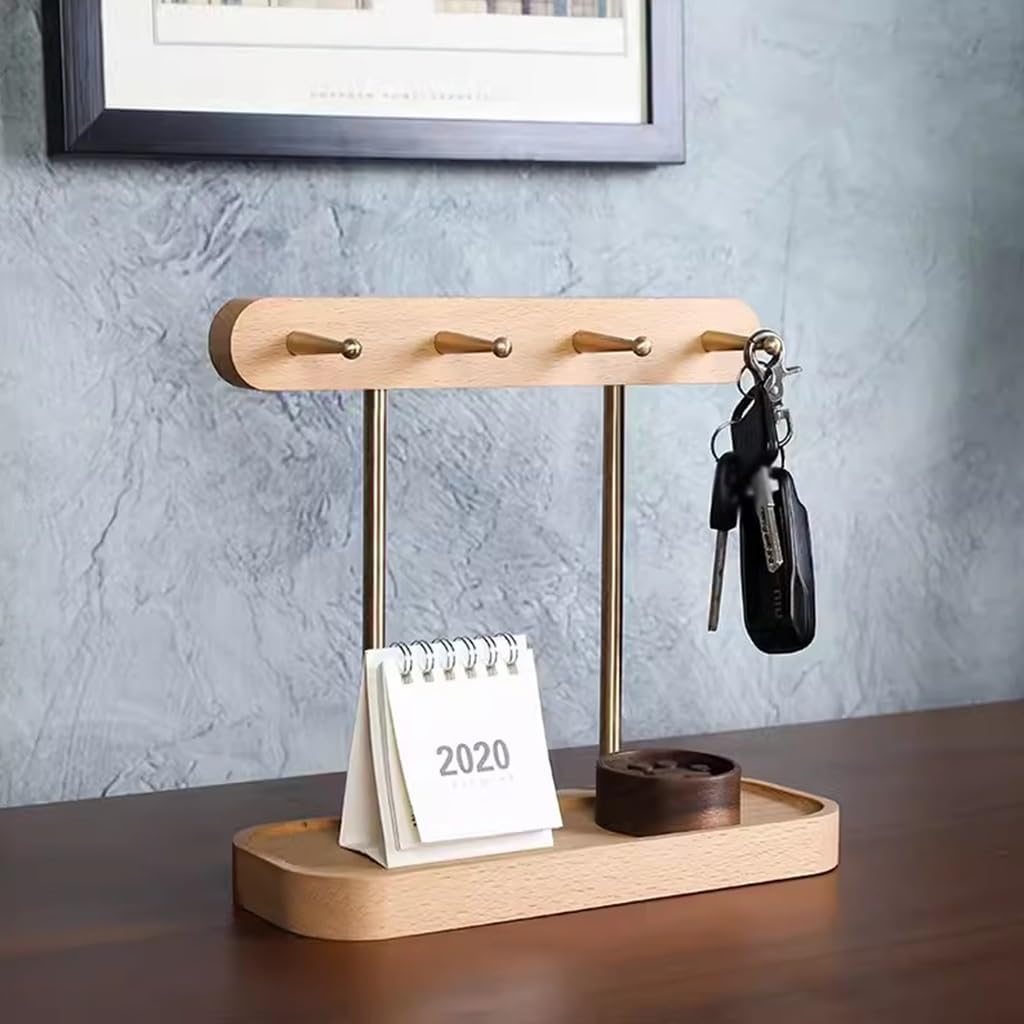 Decorative Trays Key Holder Jewelry Tray, Scandinavian Key Tray Solid Wood Key Holder Organizer Living Room Desktop Shelf Hooks Creative Ornaments Phone Change Watches Tray(Khaki)
