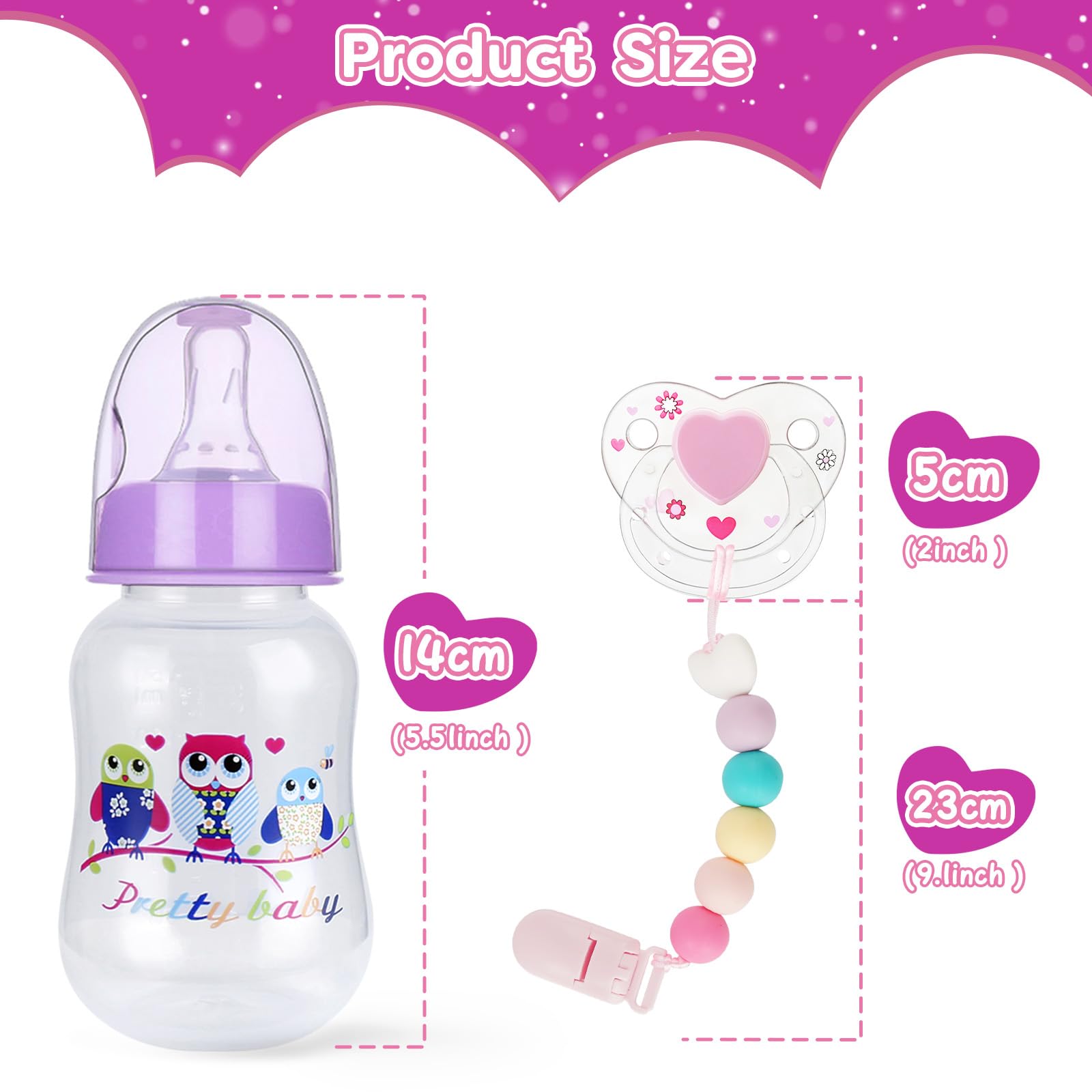 BABESIDE 3 Pcs Baby Doll Bottles Set, Baby Doll Feeding Set with Toy Baby Bottle and Silicone Pacifier Clip Magnetic Pacifier for Reborn Baby Dolls Accessories