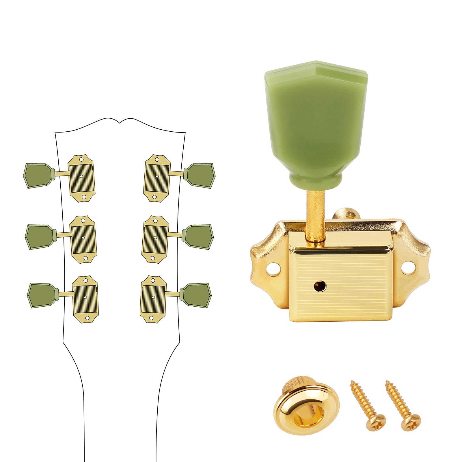 Banworks Vintage '50s Style Guitar Tuning Pegs Keys 15:1 Ratio 3L3R Guitar String Tuning Machines 8mm (5/16") Peg Holes for Les Paul LP SG ES Pack of 6 JT/JXQ-06 Golden with Green Keystone Button - Image 3