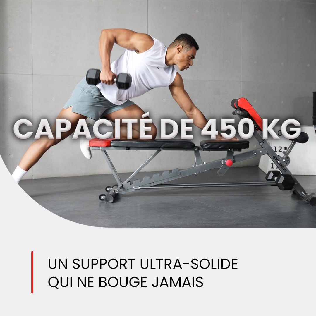 Finer Form Banc multifonction pour entraînement complet - tout-en-un - Extension lombaire, Chaise romaine, Banc de sit-up réglable - Incliné, plat et décliné - avec haltères ou pour développé couché